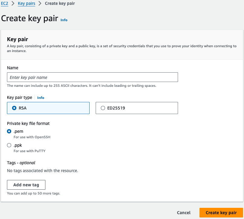 AWS console creating a key pair