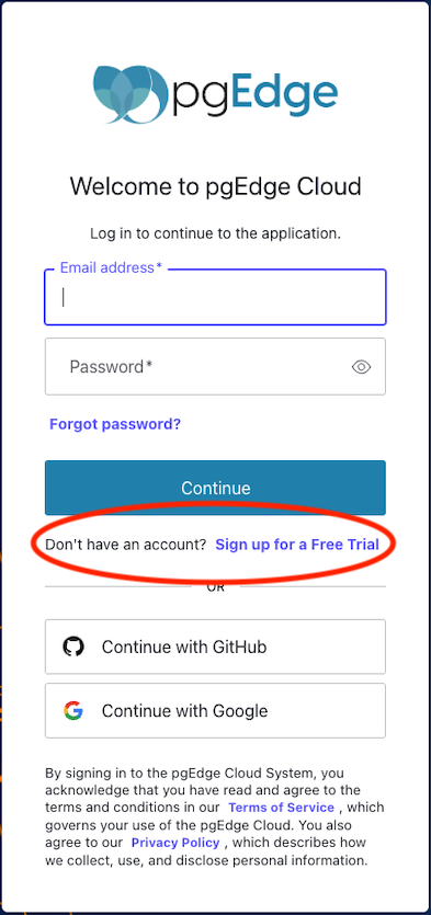 pgEdge Cloud Edition login
