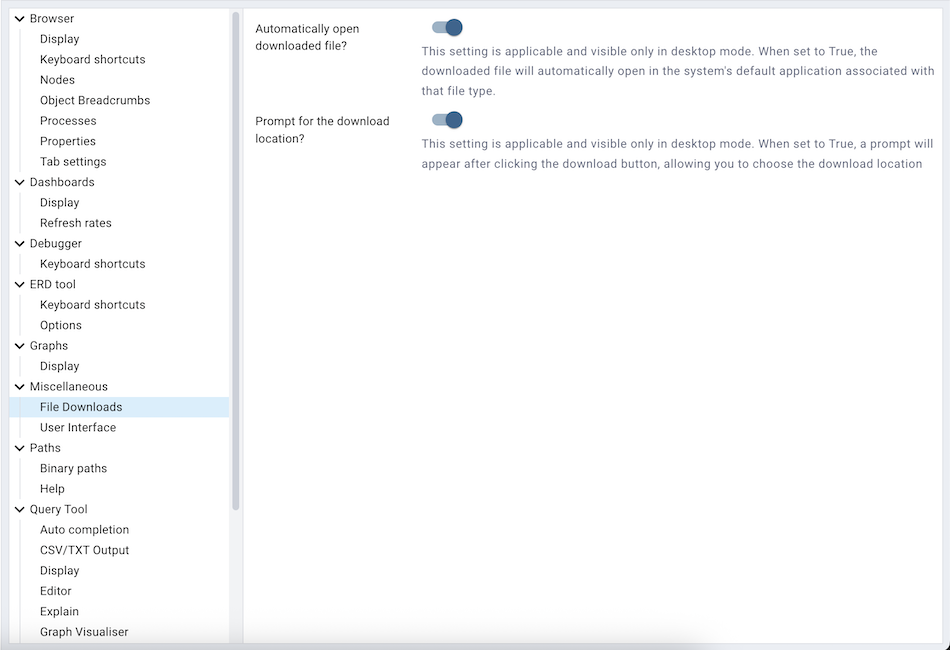 Preferences file downloads section