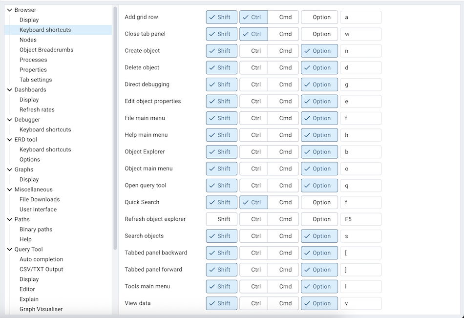 Preferences browser keyboard shortcuts section