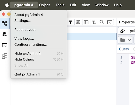 pgAdmin pgadmin4 menu bar