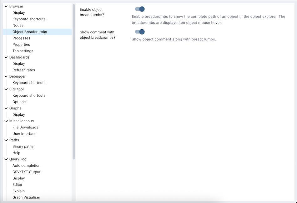 Preferences object breadcrumbs section