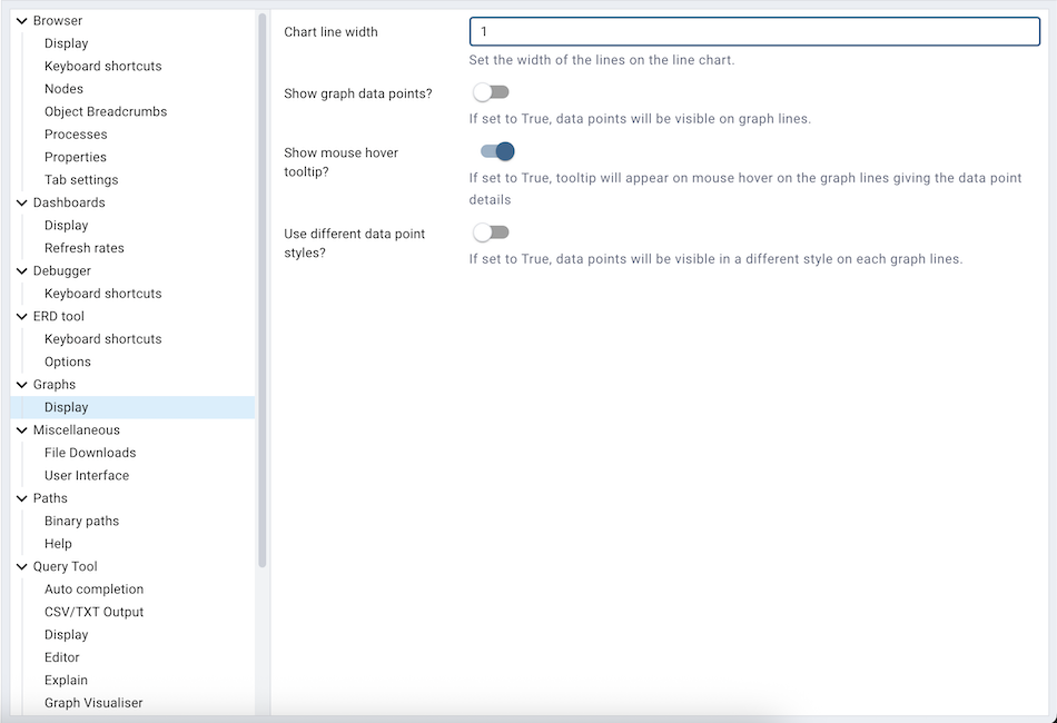 Preferences dashboard graph options
