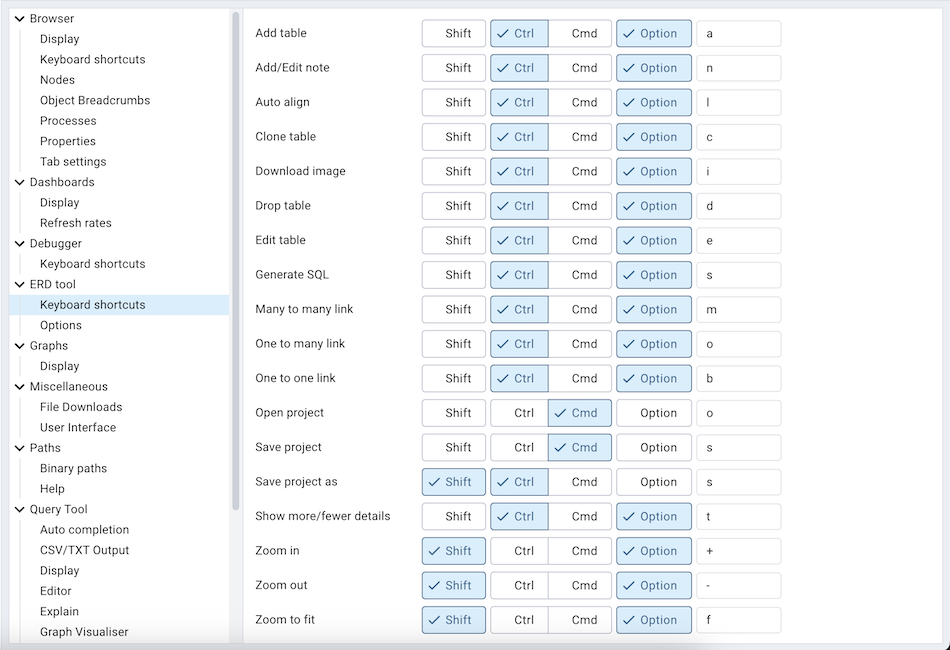 Preferences erd keyboard shortcuts section