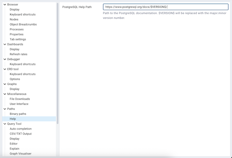 Preferences binary path help section
