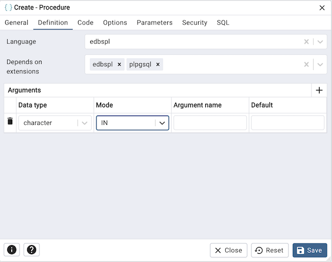 Procedure dialog definition tab