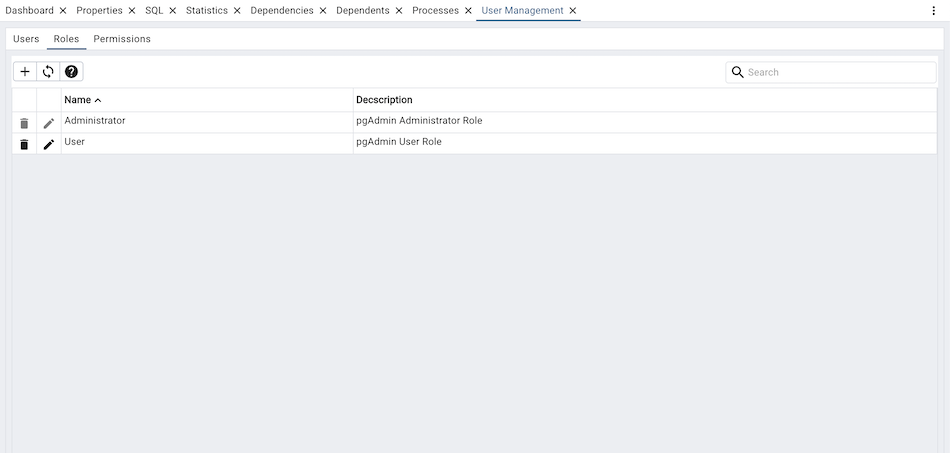 pgAdmin roles management window