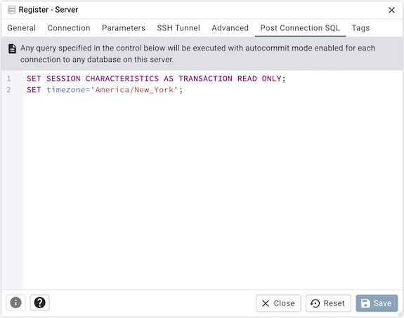 Server dialog post connection sql tab