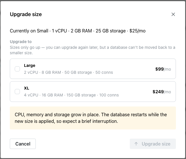The Upgrade size popup
