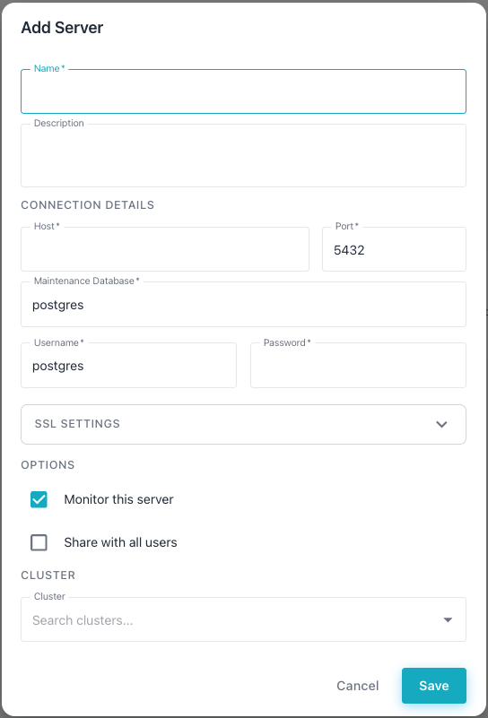 Adding a database server in the Workbench