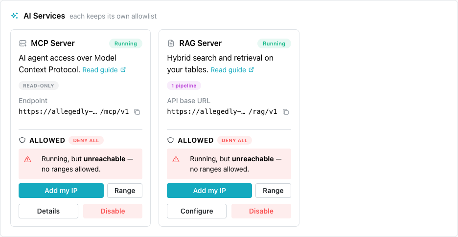 The AI Services pane with two servers that allow no ranges