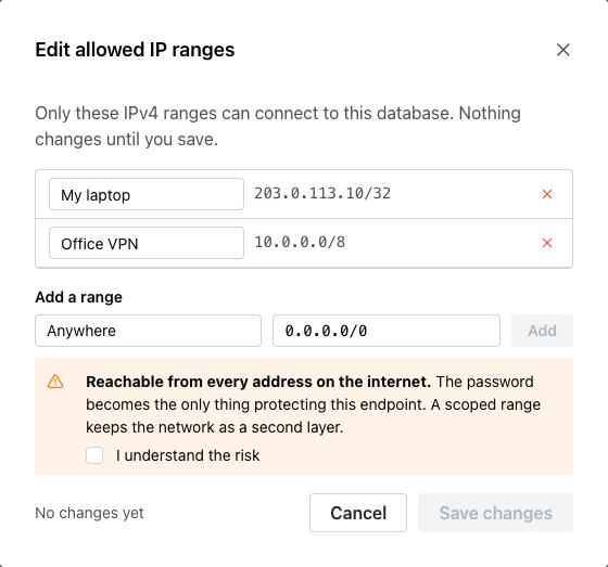 The add form warning for a range that admits every address