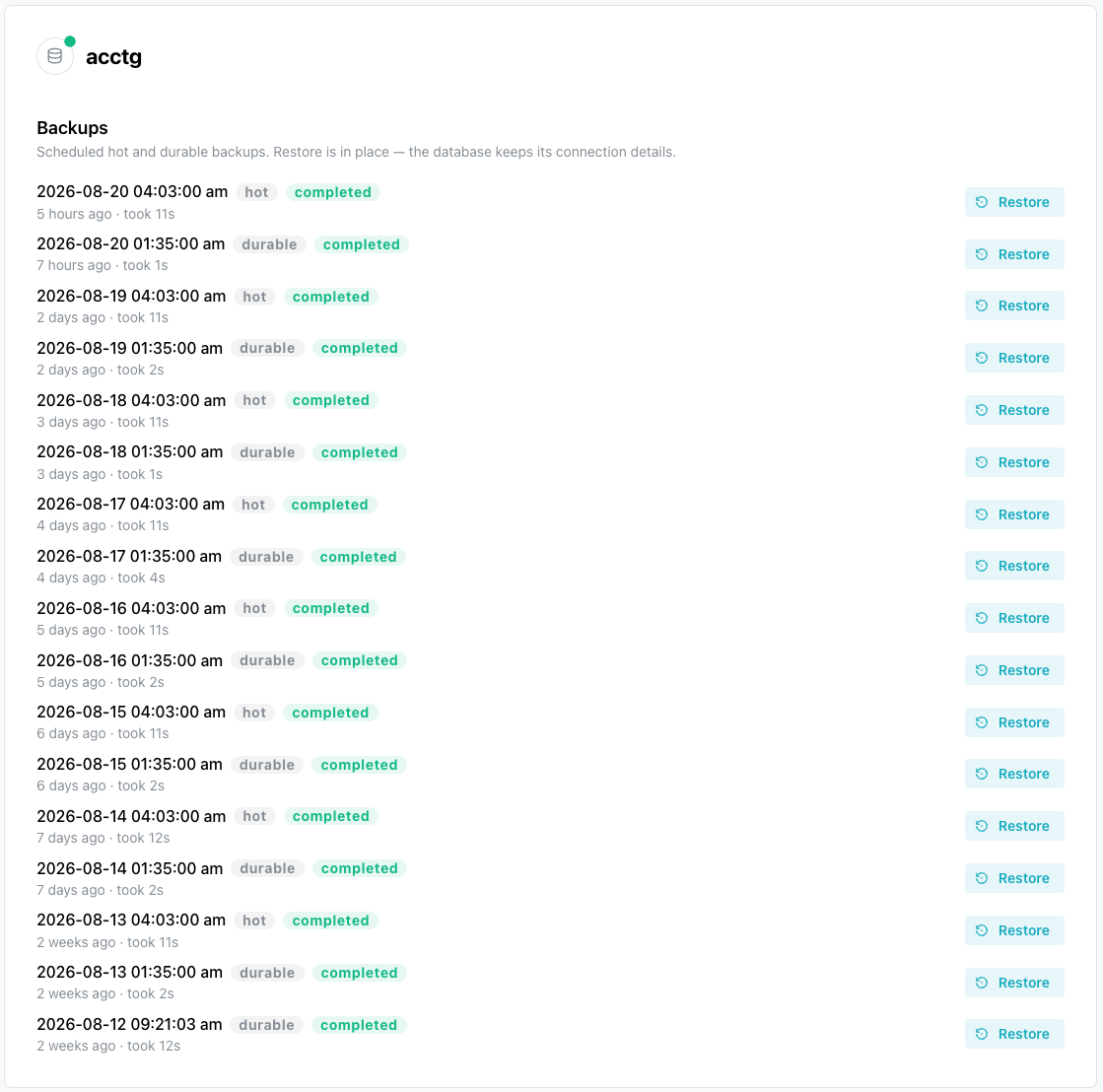 The Backups page