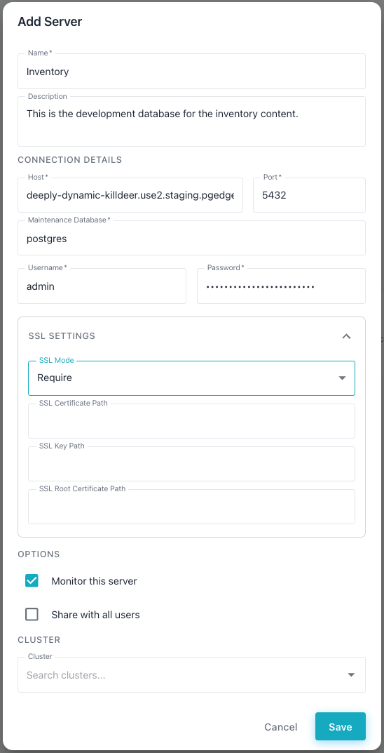 The completed Workbench server definition