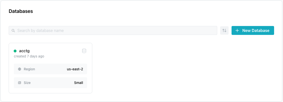 The new database pane on the Databases page