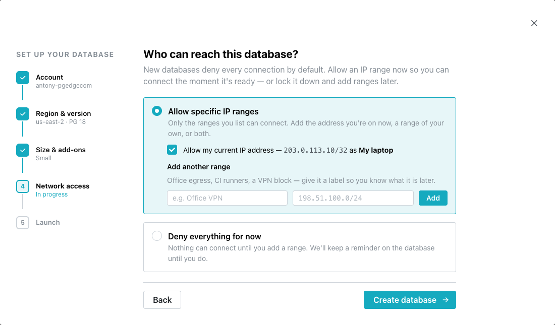 The Network access wizard step