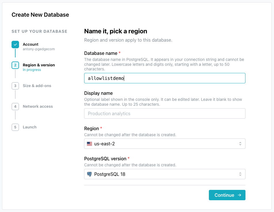 The Region and version wizard step