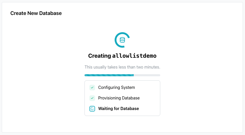 The Launch wizard step while the database is created