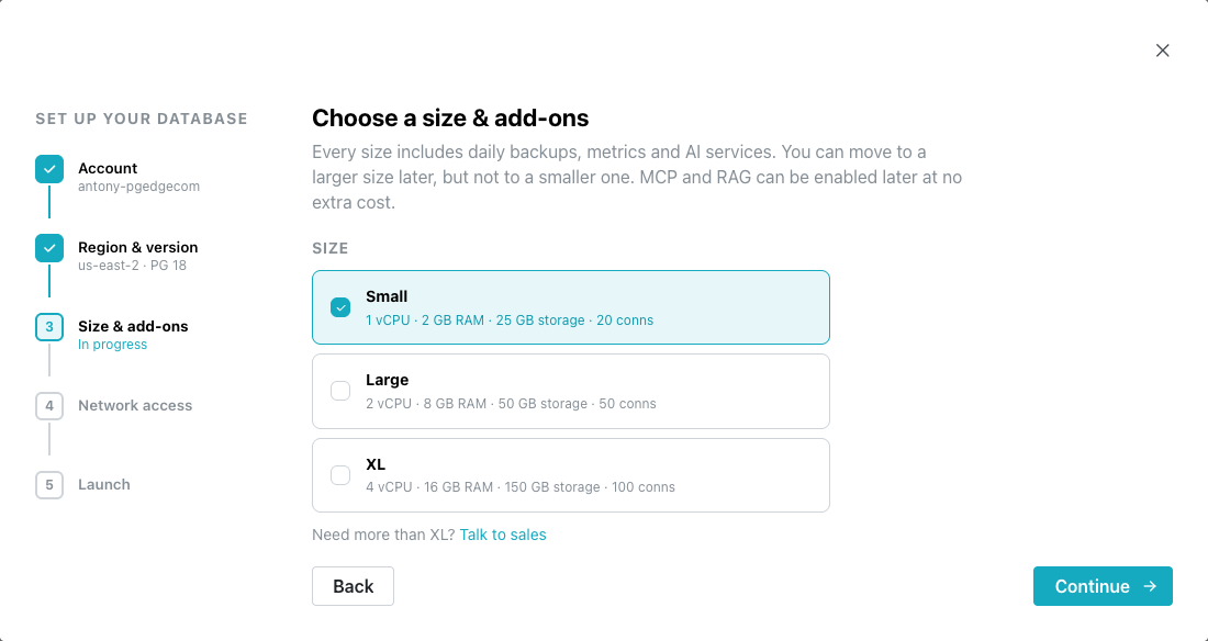 The Size and add-ons wizard step