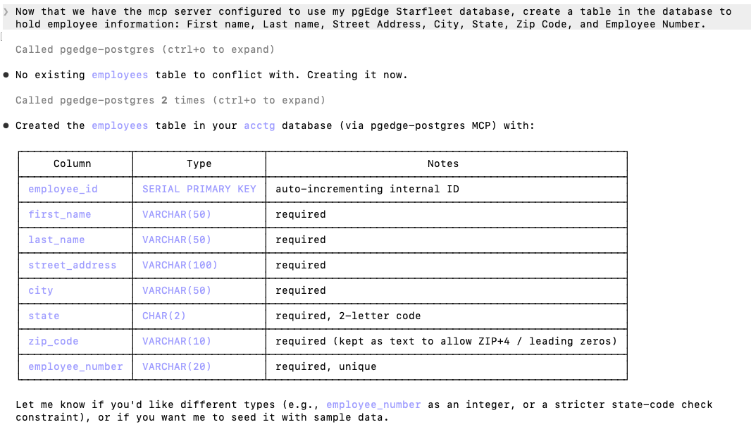 Claude Code calling the pgedge-postgres MCP Server to create a table
