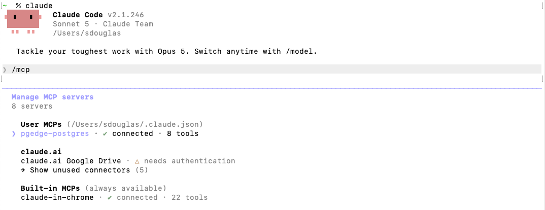 The pgedge-postgres MCP Server connected in Claude Code